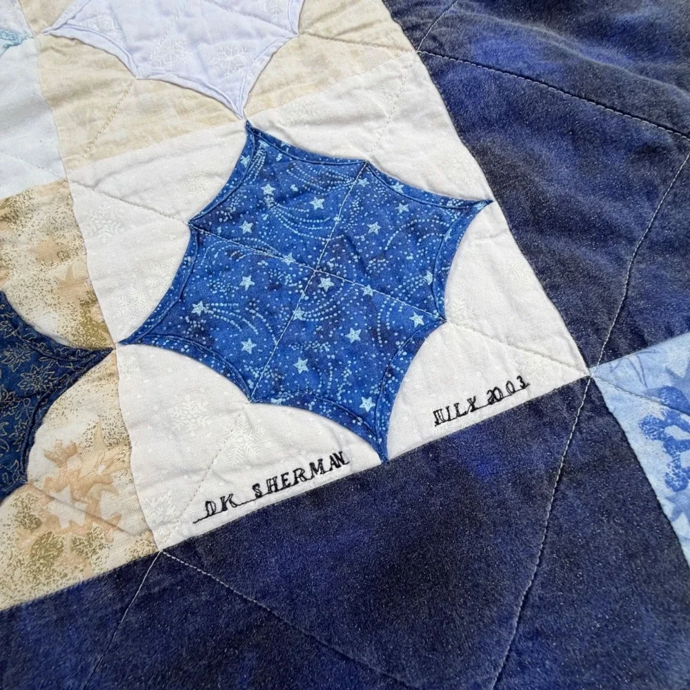 A+ Handmade Patchwork Quilt Blue Snowflake Cathedral Window Star 2003 62x48